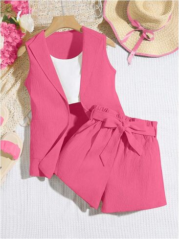 SweatyRocks Girl's Two Piece Outfits Lapel Collar Sleeveless Vest Jacket and Belted Wide Leg Shorts Set in Kuwait