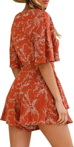 Bonkwa Women's Casual Rompers Floral Print Mid Sleeves Waist Tie Romper Ruffle Hem Deep V-Neck Short Jumpsuits for Summer in Kuwait