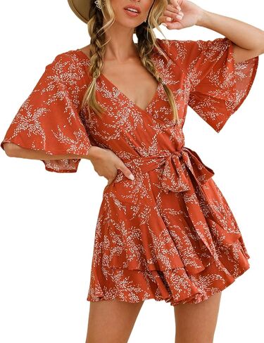 Bonkwa Women's Casual Rompers Floral Print Mid Sleeves Waist Tie Romper Ruffle Hem Deep V-Neck Short Jumpsuits for Summer in Kuwait