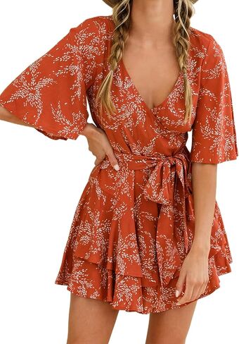 Bonkwa Women's Casual Rompers Floral Print Mid Sleeves Waist Tie Romper Ruffle Hem Deep V-Neck Short Jumpsuits for Summer in Kuwait