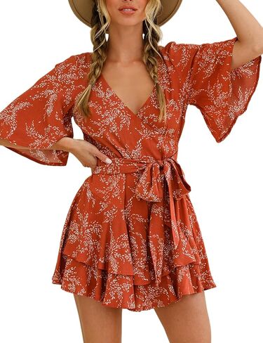 Bonkwa Women's Casual Rompers Floral Print Mid Sleeves Waist Tie Romper Ruffle Hem Deep V-Neck Short Jumpsuits for Summer in Kuwait