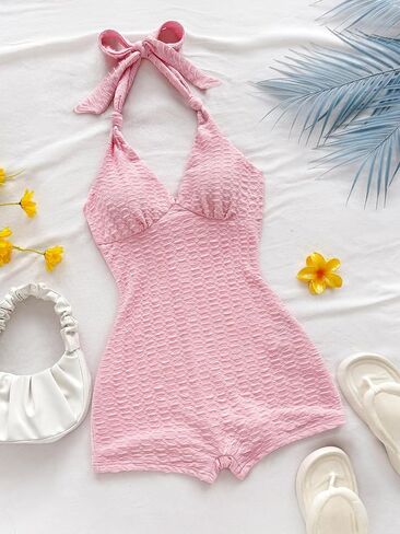 MakeMeChic Women's Halter Short Rompers Summer One Piece Jumpsuits Backless Shapewear in Saudi Arabia