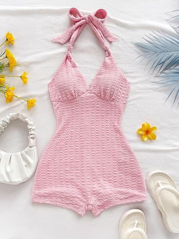 MakeMeChic Women's Halter Short Rompers Summer One Piece Jumpsuits Backless Shapewear in Saudi Arabia