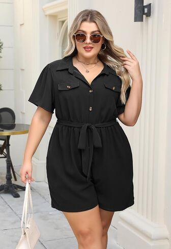Nemidor Womens Plus Size Casual Romper Summer Casual Dressy Outfits Short Pants Jumpsuit with Belt and Pocket 16-26 in Saudi Arabia