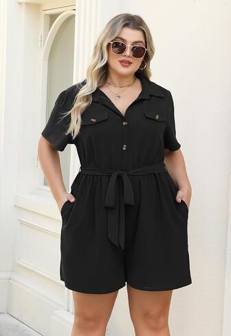 Nemidor Womens Plus Size Casual Romper Summer Casual Dressy Outfits Short Pants Jumpsuit with Belt and Pocket 16-26 in Saudi Arabia