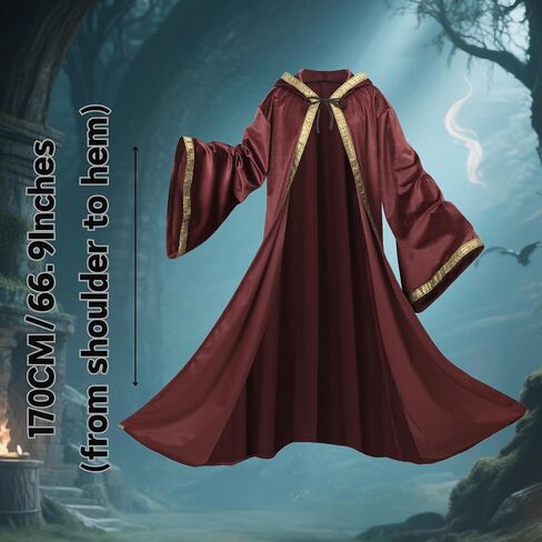 yolsun Velvet Wizard Robe with Hood and Sleeves, Men Wizard Cloak Costume Halloween Cosplay Medieval Cape Renaissance Costume in Kuwait