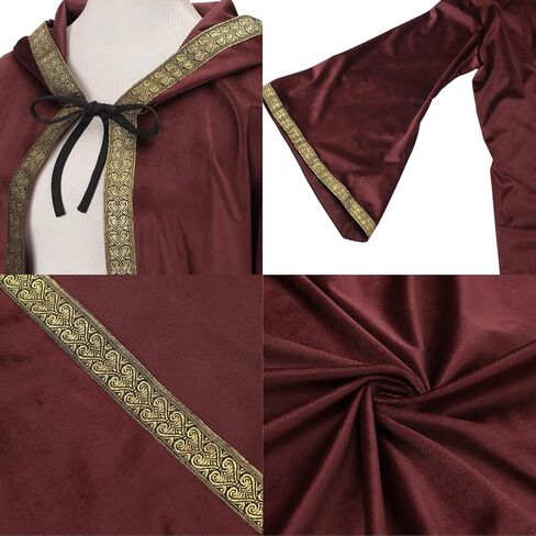 yolsun Velvet Wizard Robe with Hood and Sleeves, Men Wizard Cloak Costume Halloween Cosplay Medieval Cape Renaissance Costume in Kuwait