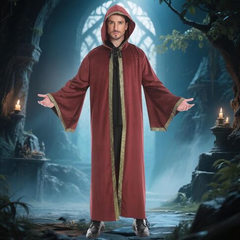 yolsun Velvet Wizard Robe with Hood and Sleeves, Men Wizard Cloak Costume Halloween Cosplay Medieval Cape Renaissance Costume in Kuwait