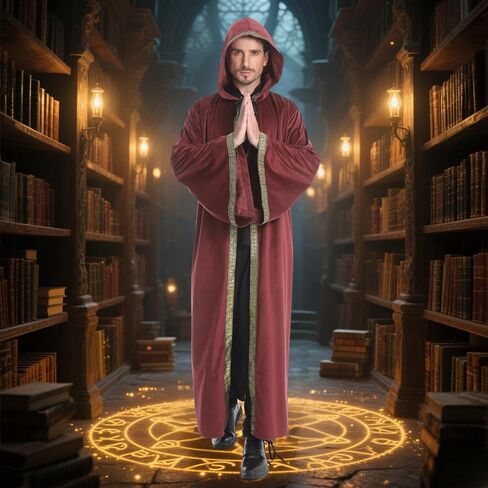 yolsun Velvet Wizard Robe with Hood and Sleeves, Men Wizard Cloak Costume Halloween Cosplay Medieval Cape Renaissance Costume in Kuwait