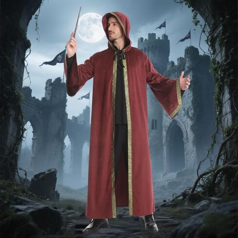 yolsun Velvet Wizard Robe with Hood and Sleeves, Men Wizard Cloak Costume Halloween Cosplay Medieval Cape Renaissance Costume in Kuwait