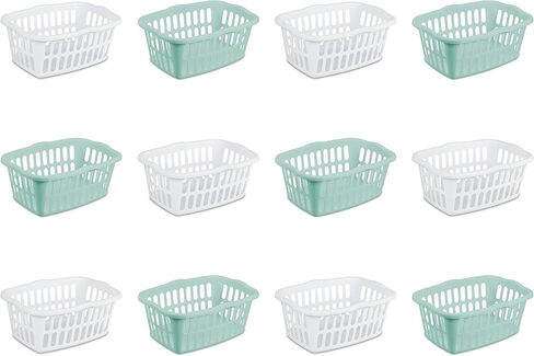 Sterilite 1.5 Bushel Plastic Clothes Laundry Basket Bins for Carrying, Sorting, and Folding Clothes, Assorted White and Aqua (24 Pack) in Kuwait