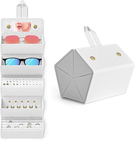 Travel Case for Sunlgasses and Jewelry, Foldable Jewelry Case Eye Glasses Organizer, Hanging Loop, Interior Mirror in Saudi Arabia
