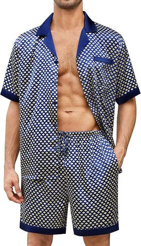 SWOMOG Mens Satin Pajamas Set Silk Pj Sets Short Sleeve Button Down 2 PCS Sleepwear with Drawstring & Pockets S-3XL in Saudi Arabia