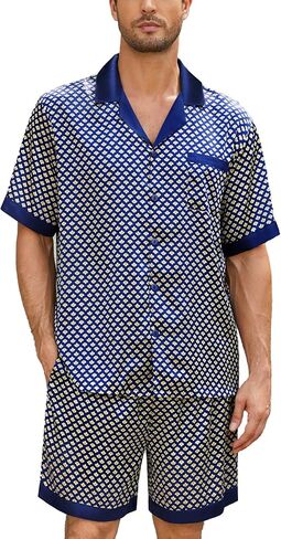 SWOMOG Mens Satin Pajamas Set Silk Pj Sets Short Sleeve Button Down 2 PCS Sleepwear with Drawstring & Pockets S-3XL in Saudi Arabia