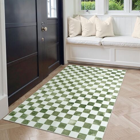 Uphome Indoor Outdoor Ombre Checkered Easy Jute Runner, 2x6 Washable Kitchen Runner Rug, Non Slip Hallway Rugs Low Pile, Stain Resistant Modern Floor Carpet for Hallways Entryway Bedroom, Green in Kuwait