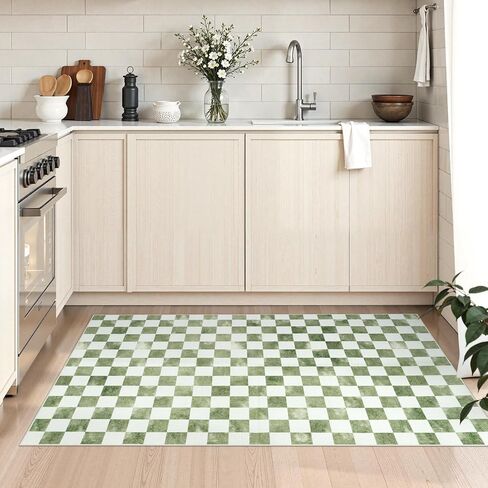 Uphome Indoor Outdoor Ombre Checkered Easy Jute Runner, 2x6 Washable Kitchen Runner Rug, Non Slip Hallway Rugs Low Pile, Stain Resistant Modern Floor Carpet for Hallways Entryway Bedroom, Green in Kuwait