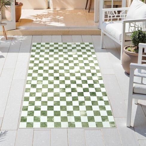 Uphome Indoor Outdoor Ombre Checkered Easy Jute Runner, 2x6 Washable Kitchen Runner Rug, Non Slip Hallway Rugs Low Pile, Stain Resistant Modern Floor Carpet for Hallways Entryway Bedroom, Green in Kuwait