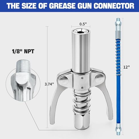 Grease Gun Coupler 1PCS Double Handle with 12" Spring Flex Hose Compatible with 12" Spring Flex Hose for 1/8" NPT Grease Gun Fittings, Quick Release Grease in Saudi Arabia