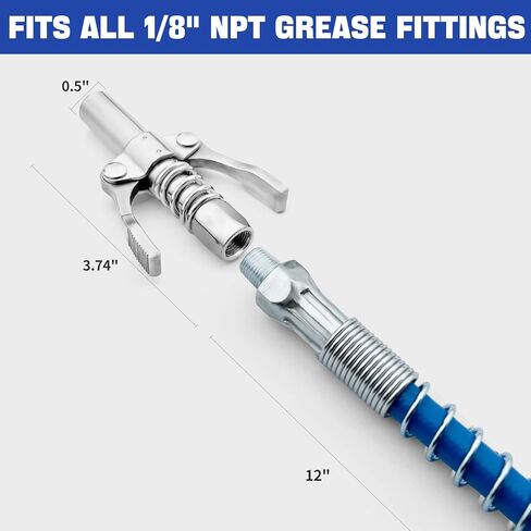 Grease Gun Coupler 1PCS Double Handle with 12" Spring Flex Hose Compatible with 12" Spring Flex Hose for 1/8" NPT Grease Gun Fittings, Quick Release Grease in Saudi Arabia