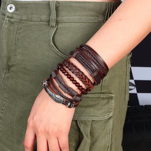 Manfnee 6PCS Braided Faux Leather Bracelet Punk Cuff Wrap Bracelets for Men Women Adjustable Brown in Saudi Arabia