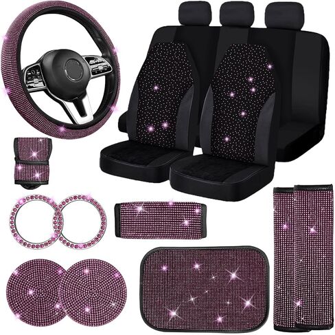 17 Pack Bling Car Seat Covers Set, Diamond Accessories Rhinestone Crystal Steering Wheel Cover, Velvet Breathable (Pink, Half Part Bling) in Kuwait
