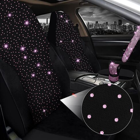 17 Pack Bling Car Seat Covers Set, Diamond Accessories Rhinestone Crystal Steering Wheel Cover, Velvet Breathable (Pink, Half Part Bling) in Kuwait