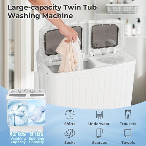 ARLIME Portable Clothes Washing Machine, 17.6lbs Mini Twin Tub Washer & Spinner Dryer Combo Compact Washer (11lbs) & Spin Dryer (6.6lbs) Sets Laundry Machine W/Time Control for Apartments, Dorms, Bathroom or RV Camping in Kuwait