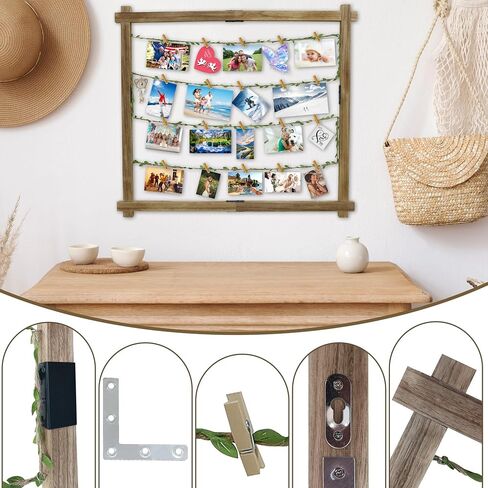 Photo Display Board with 35 Clips Wooden Picture Frame Collage Decor Table Wall Hanging Decoration Pictures Organizer Wood Holder for Hanging Photos, Artworks, Postcards, Greeting Cards (Wood) in Saudi Arabia