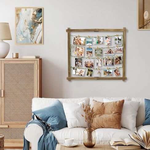 Photo Display Board with 35 Clips Wooden Picture Frame Collage Decor Table Wall Hanging Decoration Pictures Organizer Wood Holder for Hanging Photos, Artworks, Postcards, Greeting Cards (Wood) in Saudi Arabia