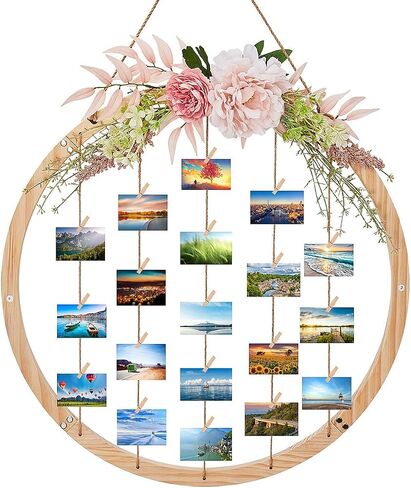 Wood Picture Frames for Wall Decor, 23.62" Round Hanging Photo Broad with Artificial Flowers and 15 Clips, Adjustable Twines Collage Artworks Prints Multi Polaroid Pictures Organizer Graduation Decorations Class of 2025 in Saudi Arabia