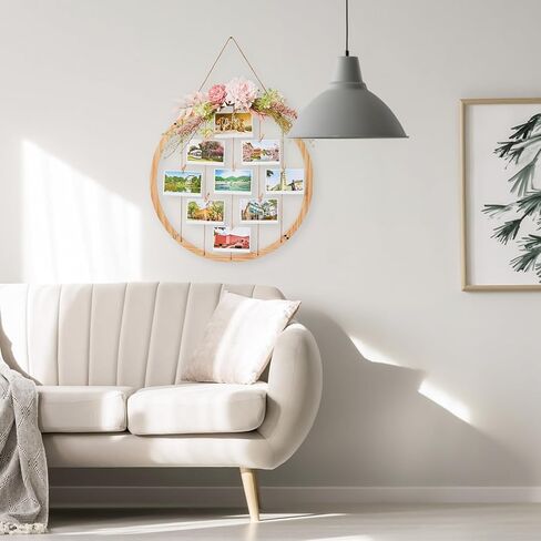 Wood Picture Frames for Wall Decor, 23.62" Round Hanging Photo Broad with Artificial Flowers and 15 Clips, Adjustable Twines Collage Artworks Prints Multi Polaroid Pictures Organizer Graduation Decorations Class of 2025 in Saudi Arabia