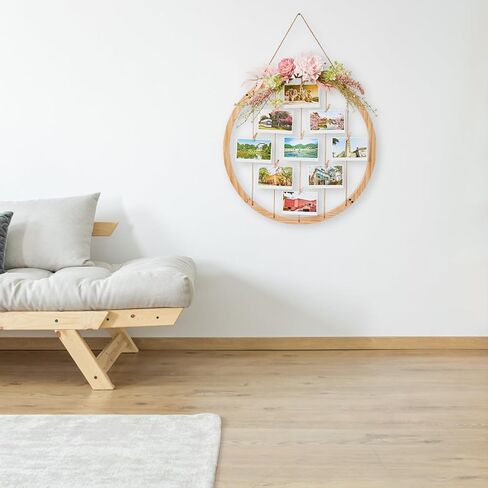 Wood Picture Frames for Wall Decor, 23.62" Round Hanging Photo Broad with Artificial Flowers and 15 Clips, Adjustable Twines Collage Artworks Prints Multi Polaroid Pictures Organizer Graduation Decorations Class of 2025 in Saudi Arabia