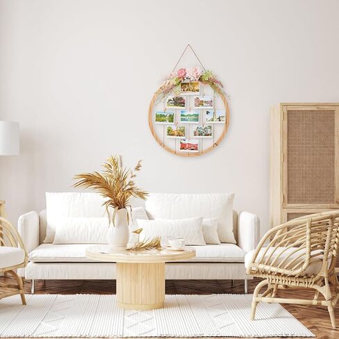 Wood Picture Frames for Wall Decor, 23.62" Round Hanging Photo Broad with Artificial Flowers and 15 Clips, Adjustable Twines Collage Artworks Prints Multi Polaroid Pictures Organizer Graduation Decorations Class of 2025 in Saudi Arabia