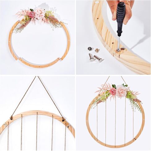 Wood Picture Frames for Wall Decor, 23.62" Round Hanging Photo Broad with Artificial Flowers and 15 Clips, Adjustable Twines Collage Artworks Prints Multi Polaroid Pictures Organizer Graduation Decorations Class of 2025 in Saudi Arabia