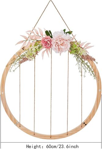 Wood Picture Frames for Wall Decor, 23.62" Round Hanging Photo Broad with Artificial Flowers and 15 Clips, Adjustable Twines Collage Artworks Prints Multi Polaroid Pictures Organizer Graduation Decorations Class of 2025 in Saudi Arabia