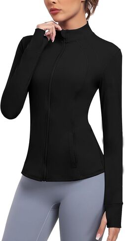 Women's Athletic Full Zip Lightweight Workout Jacket With Pockets Running Yoga Sportwear With Thumb Holes in Saudi Arabia