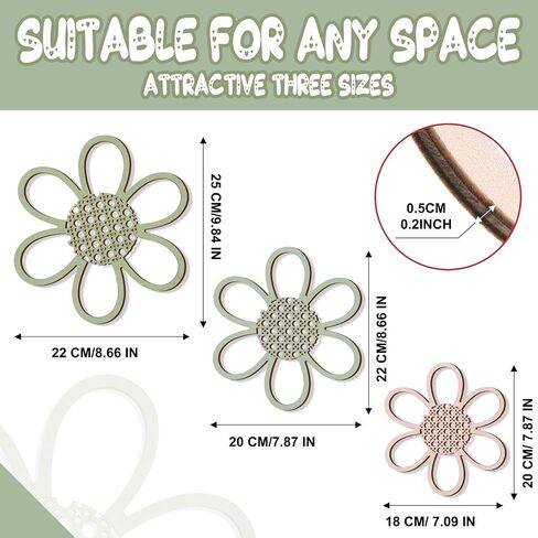 Maitys 3 Pieces Boho Daisy Wall Decor Natural Rattan Flower Wall Hanging Art Wooden Boho Nursery Flowers Decor for Home Nursery(Classic Color) in Saudi Arabia