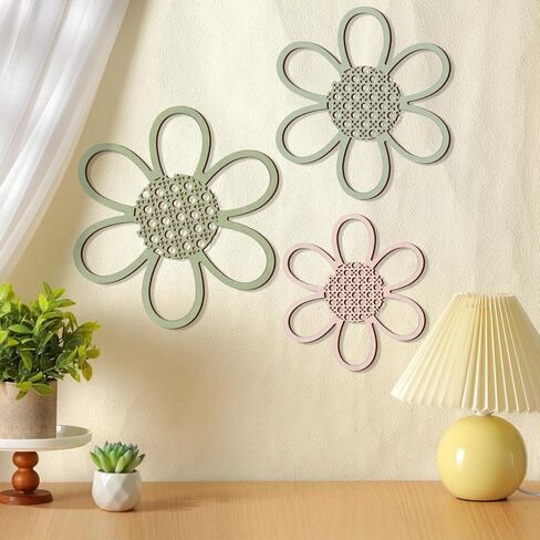 Maitys 3 Pieces Boho Daisy Wall Decor Natural Rattan Flower Wall Hanging Art Wooden Boho Nursery Flowers Decor for Home Nursery(Classic Color) in Saudi Arabia