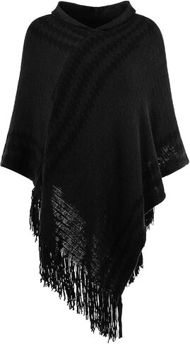 Ferand Women's Fering zigzag Poncho Sweater Lightweight Fringe Cape Cape with Hood in Kuwait