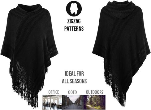 Ferand Women's Fering zigzag Poncho Sweater Lightweight Fringe Cape Cape with Hood in Kuwait