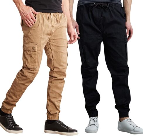 Men's Cotton Twill Cargo Joggers, Multi Pocket, Drawstring Joggers Stretch Pant for Casual, Lounging and Outdoor, 2 Pack in Saudi Arabia