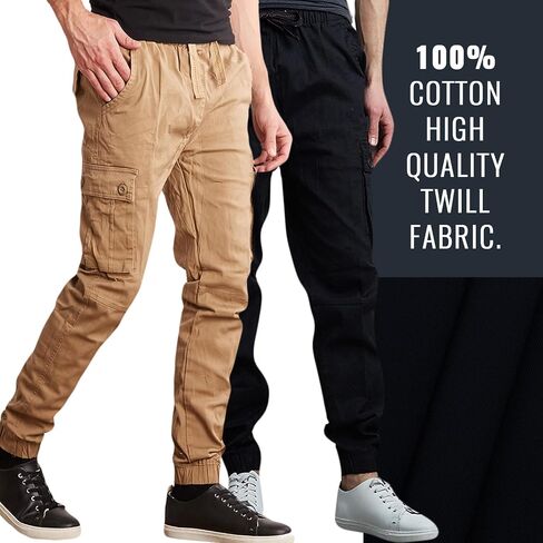 Men's Cotton Twill Cargo Joggers, Multi Pocket, Drawstring Joggers Stretch Pant for Casual, Lounging and Outdoor, 2 Pack in Saudi Arabia