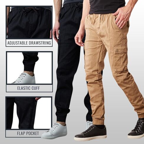 Men's Cotton Twill Cargo Joggers, Multi Pocket, Drawstring Joggers Stretch Pant for Casual, Lounging and Outdoor, 2 Pack in Saudi Arabia