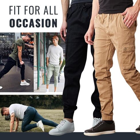 Men's Cotton Twill Cargo Joggers, Multi Pocket, Drawstring Joggers Stretch Pant for Casual, Lounging and Outdoor, 2 Pack in Saudi Arabia