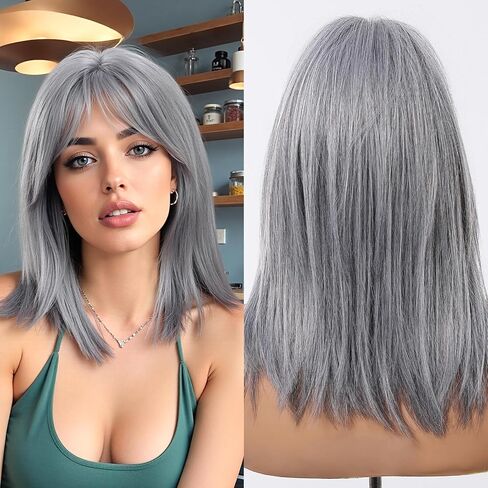 Allbell Short Brown Wig With Curtain Bangs Light Brown Bob Wigs 16 Inch Middle Length Wig Straight Bob Wig for Women Blonde Highlights Synthetic Wig Heat Resistant Fiber Hair in Saudi Arabia