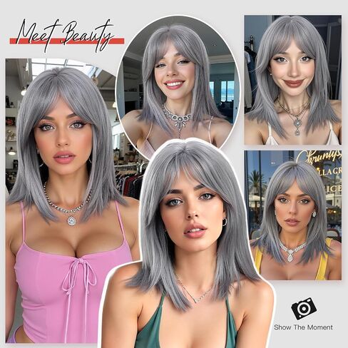 Allbell Short Brown Wig With Curtain Bangs Light Brown Bob Wigs 16 Inch Middle Length Wig Straight Bob Wig for Women Blonde Highlights Synthetic Wig Heat Resistant Fiber Hair in Saudi Arabia
