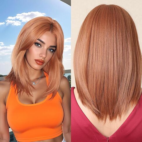 Allbell Short Brown Wig With Curtain Bangs Light Brown Bob Wigs 16 Inch Middle Length Wig Straight Bob Wig for Women Blonde Highlights Synthetic Wig Heat Resistant Fiber Hair in Saudi Arabia