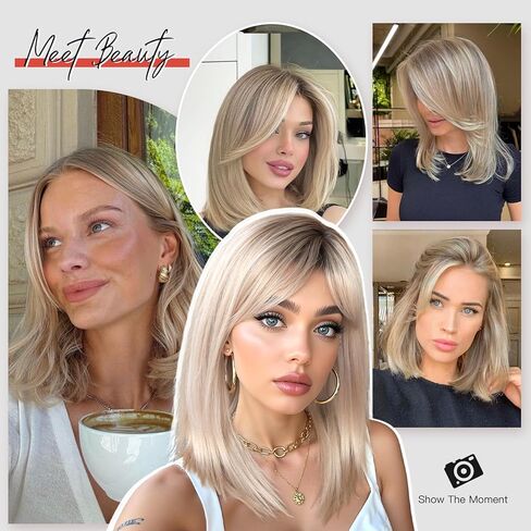 أليبل بني بني مع ستارة الانفجارات الفاتحة بوب بوب البوب ​​16 بوصة طول المستعار بوصة البوب ​​المستقيم بوب للنساء أشقر يسلط الضوء in Kuwait