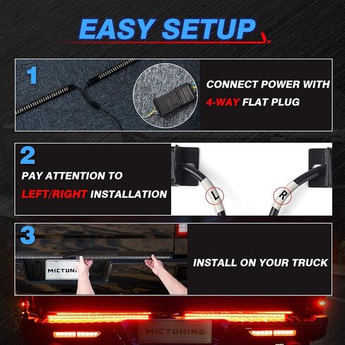 MICTUNING Triple Tailgate Light Bar Waterproof Plug-and-Play Aluminum Frame with 4-Way Flat Connector - Amber Sequential Turn Signal, Red Brake/Running, White Reverse Lights for Pickup Truck in Saudi Arabia