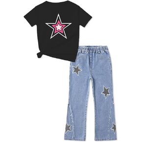 ARTMINE Girls' 2 Piece Outfits Heart Print T-Shirt & Wide Leg Denim Pants Set